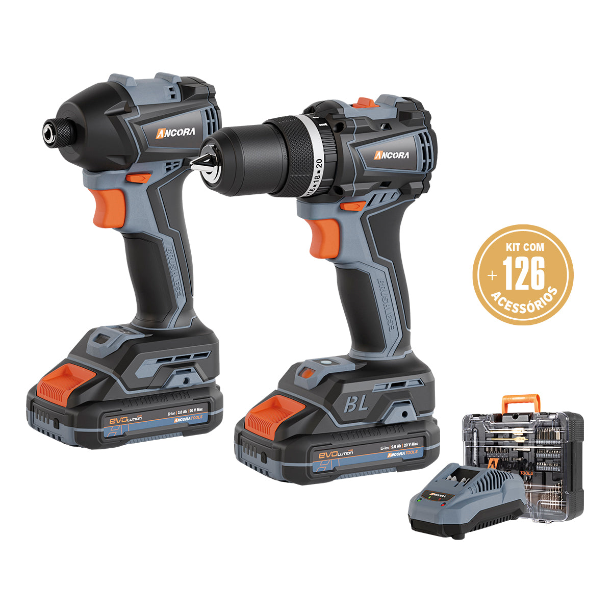 Kit Profissional Parafusadeira Furadeira de Impacto e Parafusadeira Impacto Brushless Ancora Tools c/ 126 Acessórios