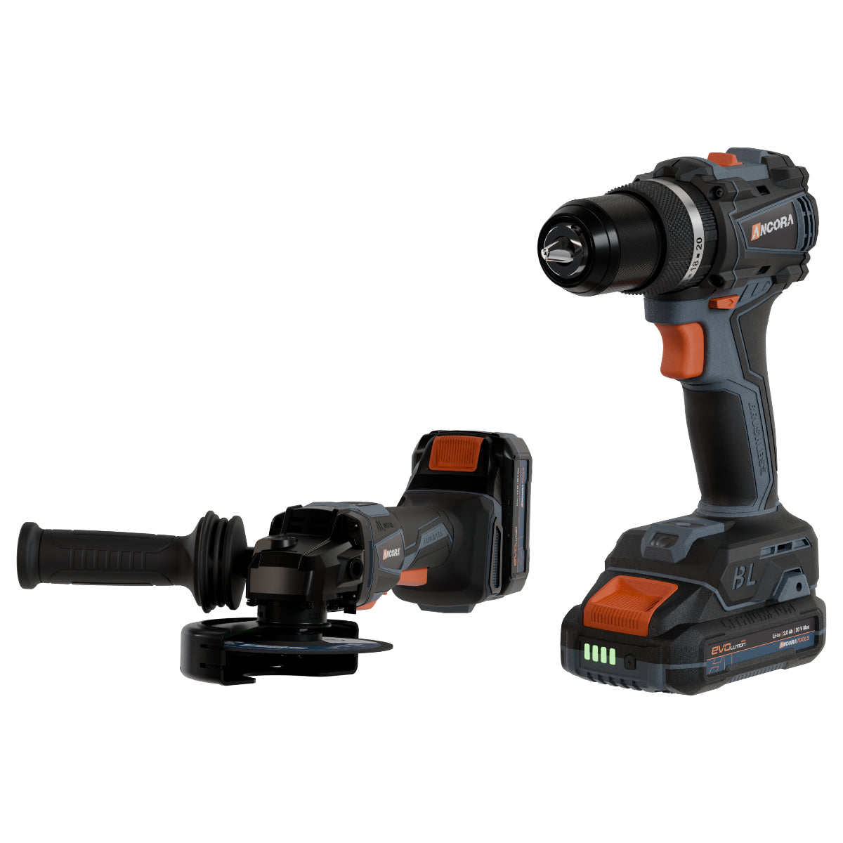 Kit Profissional Parafusadeira Furadeira de Impacto e Esmerilhadeira Angular Brushless Ancora Tools e Maleta com 126 Acessórios